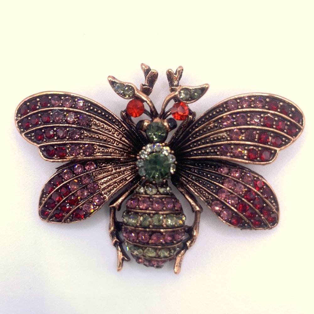 New Cute 3D Rhinestone Insect Moth Butterfly Bee Brooch Pin Copper 2.5" Retro